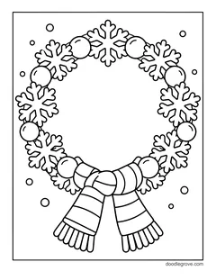 A wreath of snowflakes and round ornaments tied with a striped scarf, with falling snow