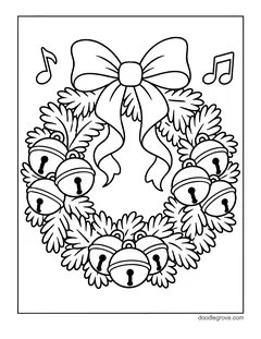 A leafy wreath with jingle bells and a big bow, with music notes