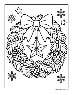 A pine wreath with pine cones, berries, a big bow and a hanging star, with snowflakes and stars