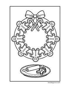 A wreath made of gingerbread men with a bow and crossed candy canes, with a plate holding a rolling pin and a gingerbread cookie