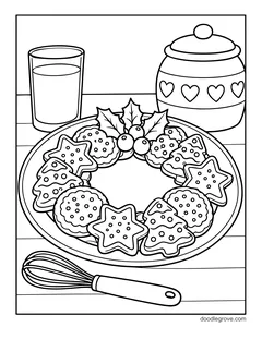 A wreath of decorated cookies with holly on a plate, with a glass of milk, a cookie jar with hearts and a whisk