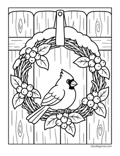 A cardinal perched inside a twig wreath with holly leaves and berries, hanging on a wooden door