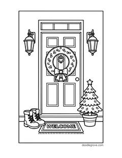 A front door with a wreath and a bow, with two lanterns, boots, a welcome mat and a small Christmas tree