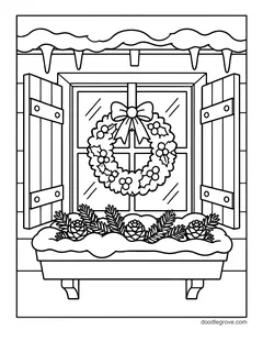 A window with open shutters and icicles, a wreath with a bow hanging in the glass and a window box of pine branches and pine cones