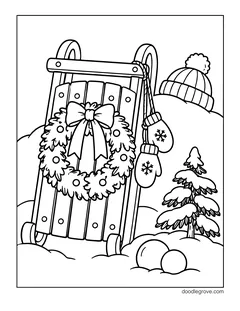 A wooden sled with a wreath and a bow leaning in the snow, with mittens, a knit hat, a pine tree and snowballs
