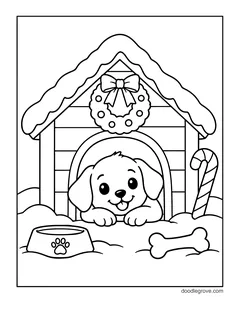 A puppy peeking out of a snowy doghouse with a wreath above the door, with a food bowl, a bone and a candy cane