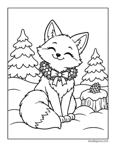 A smiling fox wearing a small wreath with a bow as a collar, with snowy pine trees and a tree stump with a pine cone