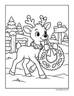 A reindeer fawn with a bell collar carrying a wreath with a bow, with a snowy fence, a signpost and pine trees