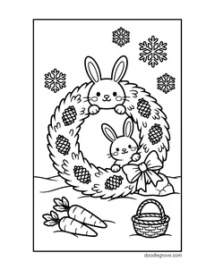 Two bunnies peeking through a wreath with pine cones and a bow, with carrots, a basket and snowflakes
