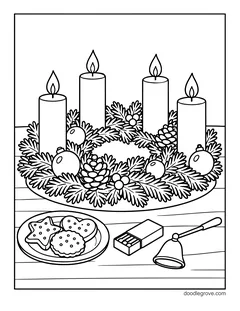 An advent wreath with four candles, ornaments and pine cones on a table, with a plate of cookies, a matchbox and a candle snuffer