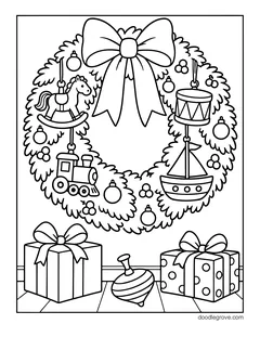 A wreath with a big bow and hanging toys: a rocking horse, a drum, a toy train and a sailboat, with presents and a spinning top below