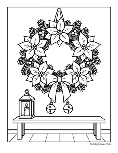 A wreath of poinsettias and pine branches with a bow and two jingle bells, hanging above a bench with a lantern