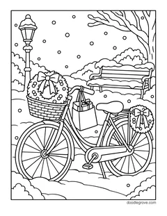 A bicycle with a wreath in its front basket and a gift bag, in a snowy park with a lamp post and a bench