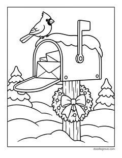 A cardinal on a snowy mailbox full of letters, with a wreath and a bow on the post and pine trees