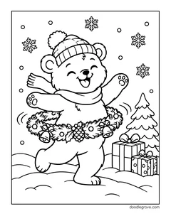 A bear in a knit hat dancing with a wreath of bells and pine cones around its waist, with presents, a Christmas tree and snowflakes
