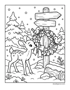 A fawn sniffing a wreath on a snowy signpost with two birds, with pine trees and a log
