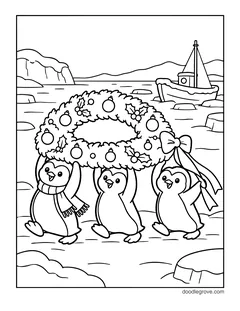 Three penguins in scarves carrying a giant wreath with ornaments and a bow, with icebergs and a boat