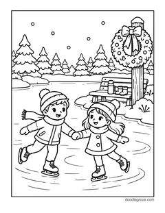 A boy and a girl ice skating hand in hand on a frozen pond, with a wreath on a post, a bench with boots and pine trees