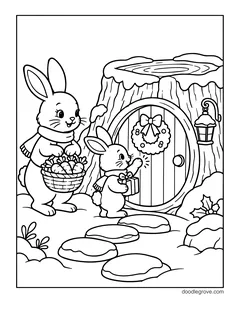 Two bunnies outside a tree stump house with a wreath on the round door, carrying a basket and a gift, with a lantern and stepping stones