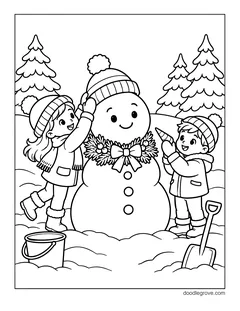 A boy and a girl putting a wreath scarf on a snowman, with a bucket, a shovel and pine trees
