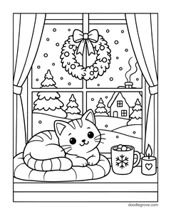 A cat sleeping on a window seat cushion under a window with a wreath, with a mug of cocoa, a candle and a snowy village outside