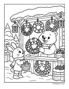 A bear selling wreaths at a snowy market stall while a bunny in a coat holds a basket, with lanterns, pine trees and a barrel of branches