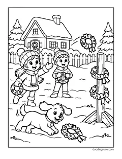 A girl and a boy playing a wreath toss game with a post in the yard, with a puppy, a snowy house and pine trees