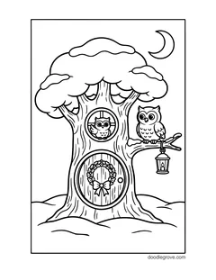 A snowy tree house with a wreath on its round door, two owls, a lantern and a crescent moon