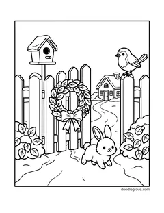 A wreath with a bow on a picket garden gate, with a birdhouse, a robin, a bunny and a house down the path