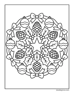 A round mandala wreath with ornaments, pine cones, holly, bows and a star in the middle