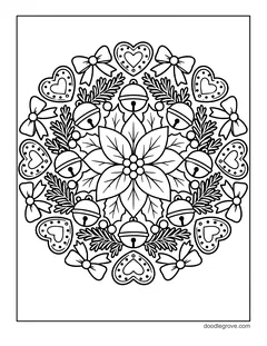 A round mandala wreath with a poinsettia in the middle, jingle bells, cookie hearts, bows and pine branches