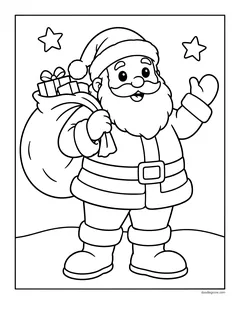 Santa Claus waving with a sack of presents over his shoulder, standing in the snow
