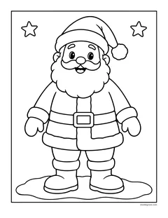 Santa Claus standing in the snow in his suit, boots and mittens, with a big smile and a bushy beard