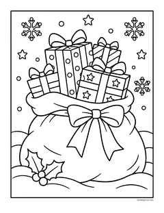 A big sack tied with a bow and overflowing with wrapped presents, with holly and snowflakes