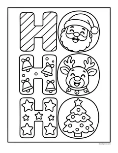 The letters Ho Ho Ho, the H letters filled with stripes, bells and stars and the O letters holding Santa, a reindeer and a Christmas tree