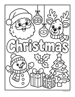 The word Christmas with Santa, a reindeer, two hanging ornaments, a snowman, holly, presents and a Christmas tree around it