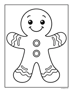 A large smiling gingerbread man with two buttons and wavy icing on his arms and legs