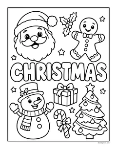 The word Christmas with Santa, a gingerbread man, holly, a snowman in a top hat, a present, a candy cane and a Christmas tree