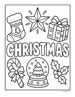 The word Christmas with a stocking, a tree topper star, a present, a candy cane, a snow globe and holly around it