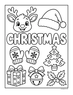 The word Christmas with a reindeer face, a Santa hat, two mittens, a Christmas tree, a present, a jingle bell and holly