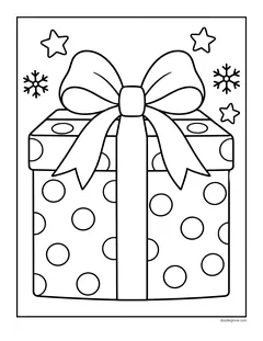 A big gift box covered in polka dots with a ribbon and a large bow, with snowflakes and stars