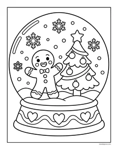 A snow globe with a gingerbread man and a decorated Christmas tree inside, snowflakes and a base with hearts