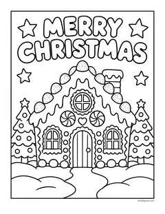 The words Merry Christmas above a gingerbread house with a chimney, candy windows and a path through the snow, between two Christmas trees