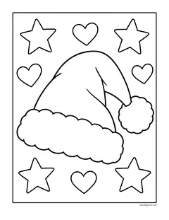 A Santa hat with a fluffy trim and a pom-pom, surrounded by hearts and stars