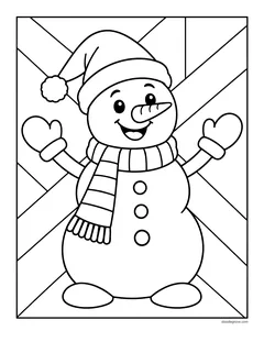 A snowman in a hat and a striped scarf waving both mittens, in front of a background divided into sections