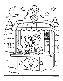A snowman in a top hat selling ice cream cones at a snowy stand with a big cone on the roof, under a crescent moon and stars
