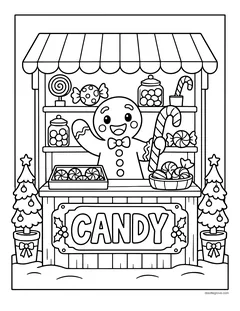 A gingerbread man behind a candy stall with a Candy sign, jars of sweets, lollipops and candy canes, between two small Christmas trees