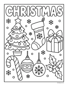 The word Christmas above a Christmas tree, a stocking, a present, a candy cane, two ornaments and holly, with snowflakes