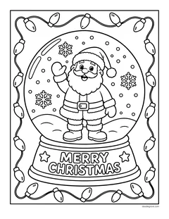 Santa Claus waving inside a snow globe whose base says Merry Christmas, framed by a string of Christmas lights
