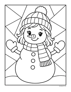 A smiling snow girl with long hair, a knit hat, a scarf and mittens, in front of a background divided into sections